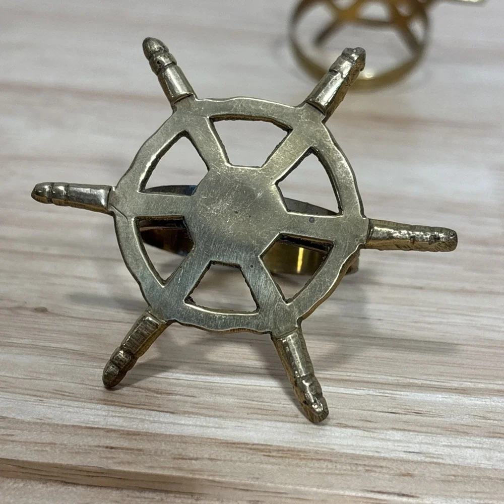 6 Brass Metal Ship Wheel Napkin Rings Nautical Decorative Table Decor Gold Tone